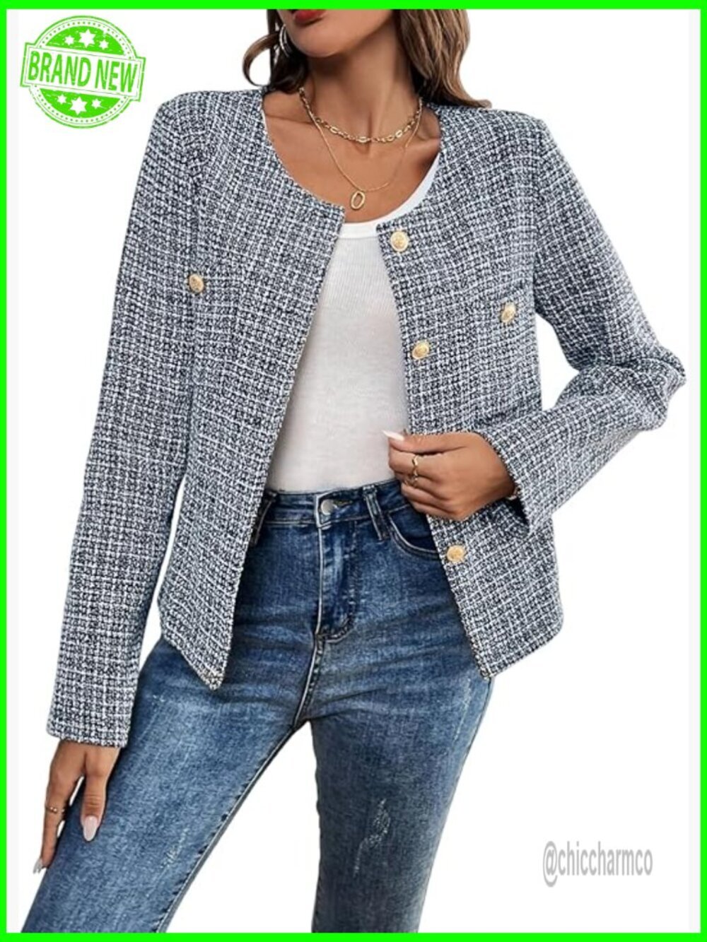 Tweed Blazer, Long Sleeve Round Neck, Business Casual Coat